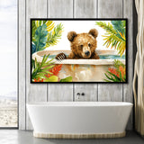 Baby Bear In Bathtub Bathroom Print Tropical Leave V2, Bathroom Art Decor Framed Art PrintsWall Art, Animal Bathroom Art