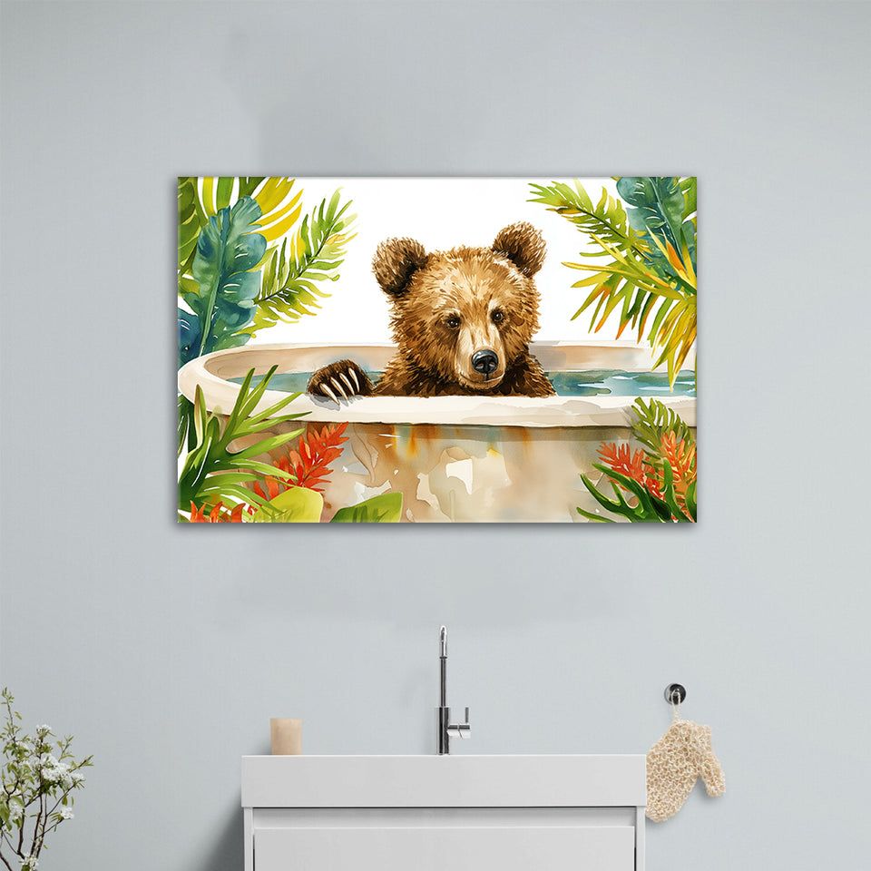 Baby Bear In Bathtub Bathroom Print Tropical Leave V2, Bathroom Art Decor Canvas Prints Wall Art, Animal Bathroom Art