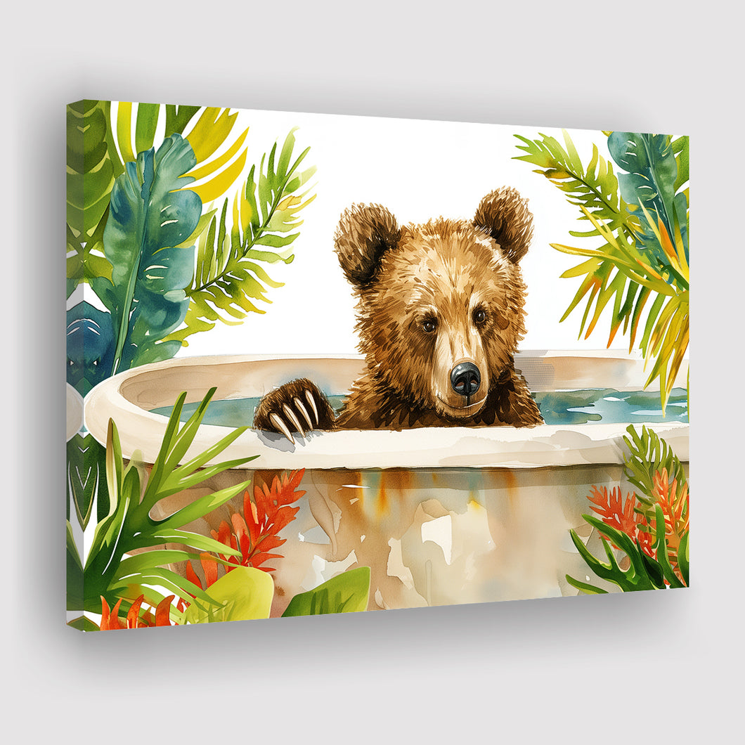 Baby Bear In Bathtub Bathroom Print Tropical Leave V2, Bathroom Art Decor Canvas Prints Wall Art, Animal Bathroom Art
