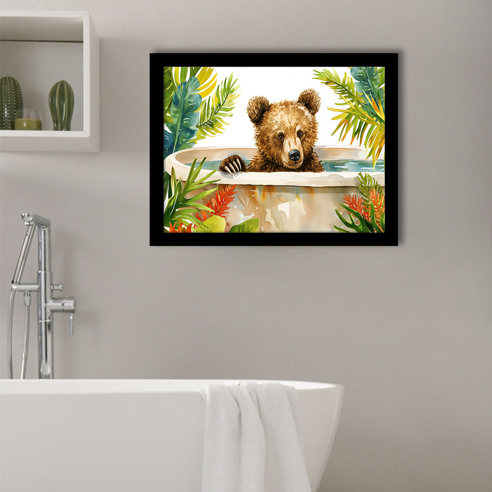 Baby Bear In Bathtub Bathroom Print Tropical Leave V2, Bathroom Art Decor Framed Art PrintsWall Art, Animal Bathroom Art