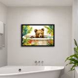 Baby Bear In Bathtub Bathroom Print Tropical Leave V2, Bathroom Art Decor Framed Canvas Prints Wall Art,Floating Frame