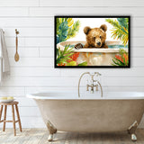 Baby Bear In Bathtub Bathroom Print Tropical Leave V2, Bathroom Art Decor Framed Art PrintsWall Art, Animal Bathroom Art