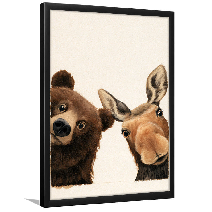 Baby Bear And Moose Funny Art, Portrait Painting Art, Pet Lover Art, Framed Art Print, Fine Art Wall Decor