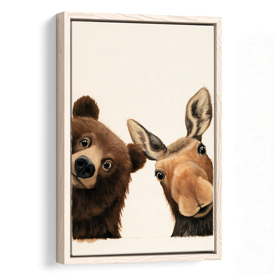 Baby Bear And Moose Funny Art, Portrait Painting Art, Pet Lover Art, Framed Canvas Print, Floating Frame