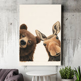 Baby Bear And Moose Funny Art, Portrait Painting Art, Pet Lover Art, Canvas Print Wall Art, Wall Decor