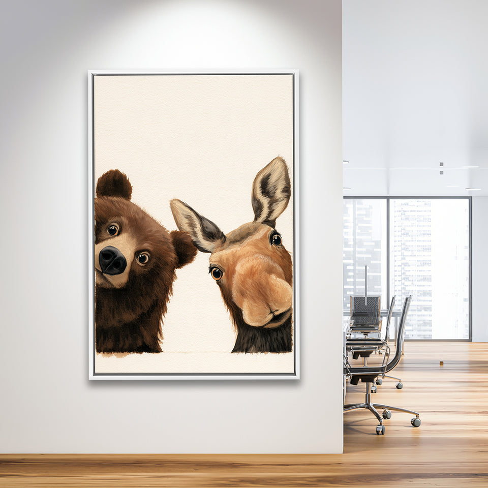 Baby Bear And Moose Funny Art, Portrait Painting Art, Pet Lover Art, Framed Canvas Print, Floating Frame