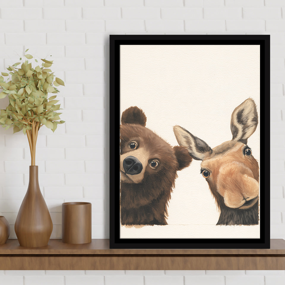 Baby Bear And Moose Funny Art, Portrait Painting Art, Pet Lover Art, Framed Canvas Print, Floating Frame