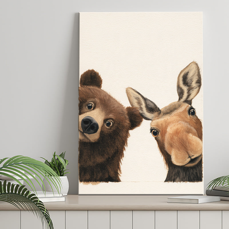Baby Bear And Moose Funny Art, Portrait Painting Art, Pet Lover Art, Canvas Print Wall Art, Wall Decor