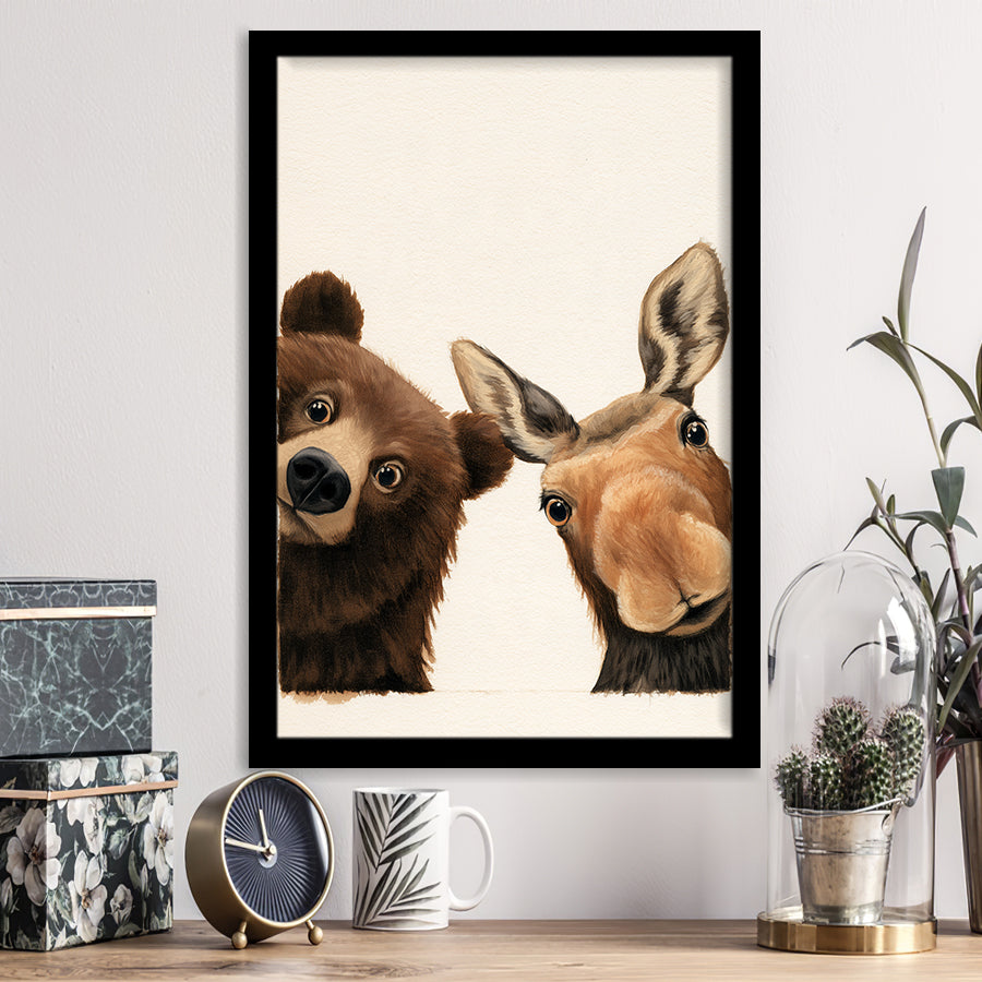 Baby Bear And Moose Funny Art, Portrait Painting Art, Pet Lover Art, Framed Art Print, Fine Art Wall Decor
