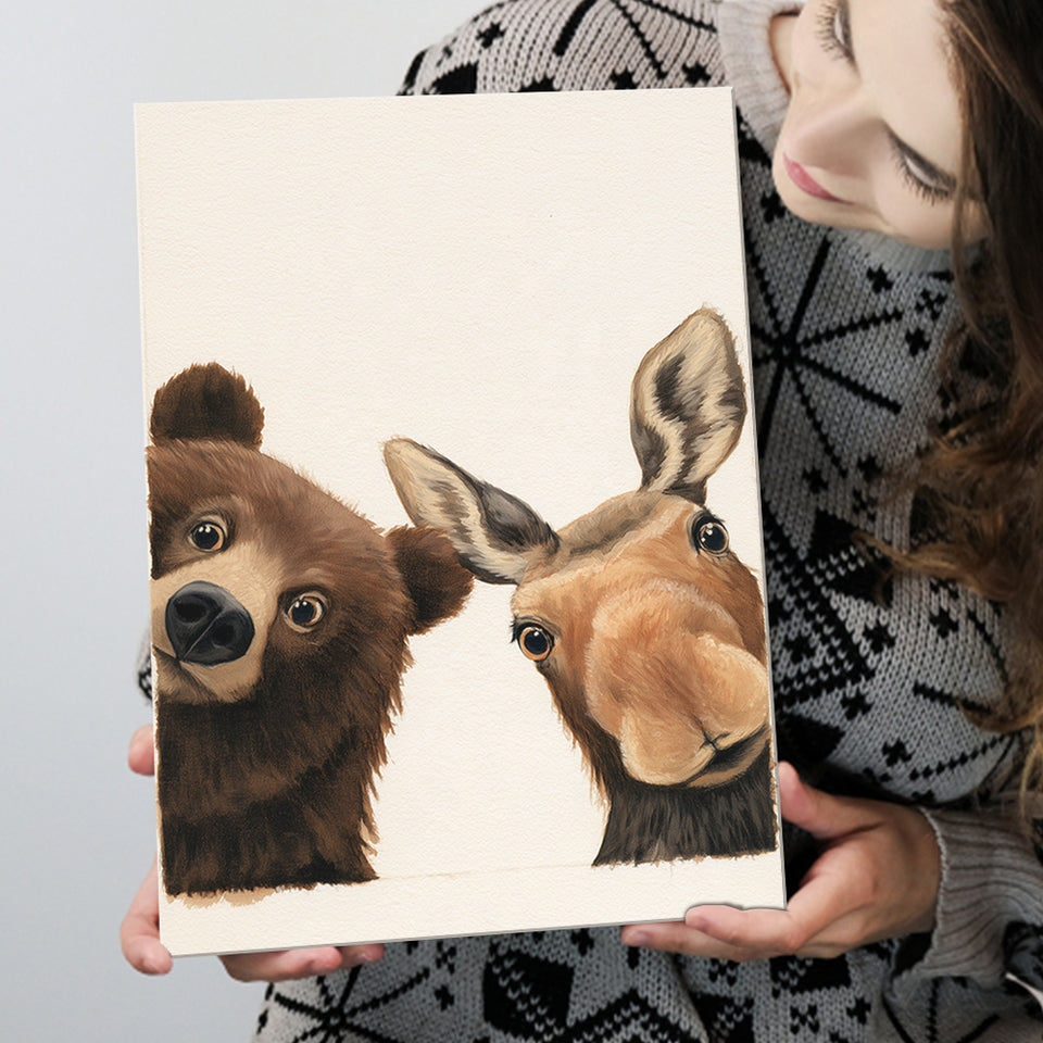 Baby Bear And Moose Funny Art, Portrait Painting Art, Pet Lover Art, Canvas Print Wall Art, Wall Decor