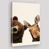 Baby Bear And Moose Funny Art, Portrait Painting Art, Pet Lover Art, Canvas Print Wall Art, Wall Decor