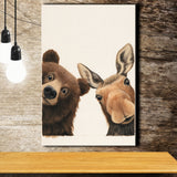 Baby Bear And Moose Funny Art, Portrait Painting Art, Pet Lover Art, Canvas Print Wall Art, Wall Decor