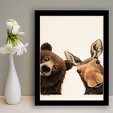 Baby Bear And Moose Funny Art, Portrait Painting Art, Pet Lover Art, Framed Art Print, Fine Art Wall Decor