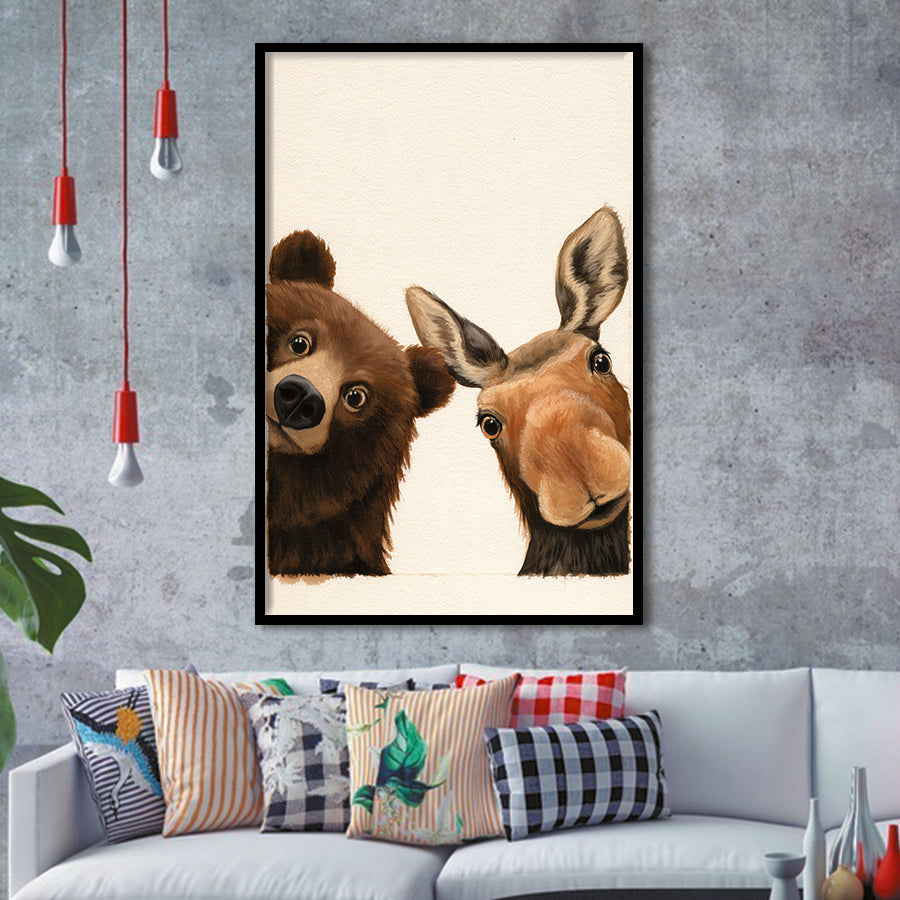 Baby Bear And Moose Funny Art, Portrait Painting Art, Pet Lover Art, Framed Art Print, Fine Art Wall Decor