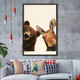 Baby Bear And Moose Funny Art, Portrait Painting Art, Pet Lover Art, Framed Art Print, Fine Art Wall Decor