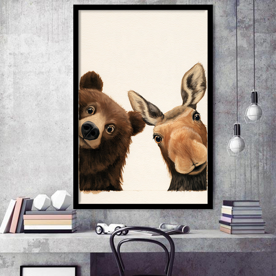 Baby Bear And Moose Funny Art, Portrait Painting Art, Pet Lover Art, Framed Art Print, Fine Art Wall Decor