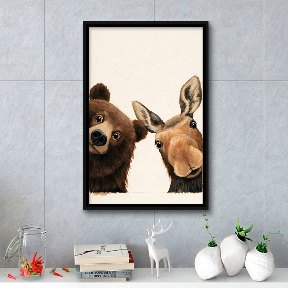Baby Bear And Moose Funny Art, Portrait Painting Art, Pet Lover Art, Framed Canvas Print, Floating Frame