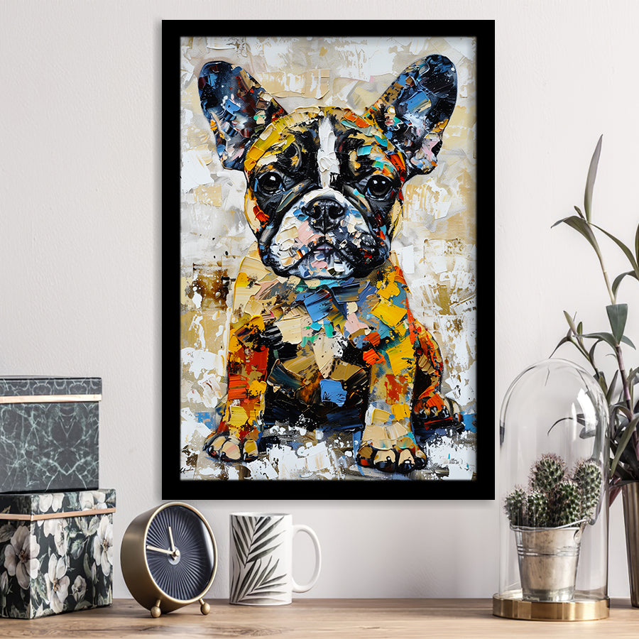Baby Bulldog Portrait Painting Technique Of Panting V1, Framed Art Print Wall Decor, Framed Picture