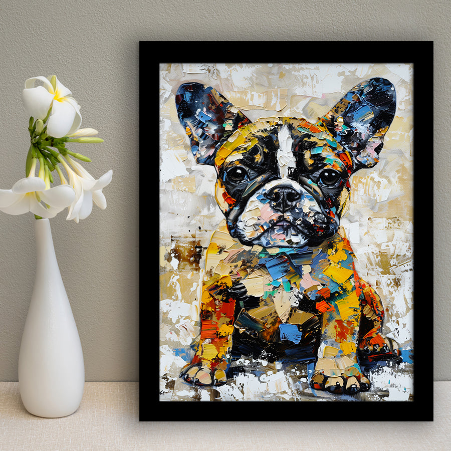 Baby Bulldog Portrait Painting Technique Of Panting V1, Framed Art Print Wall Decor, Framed Picture