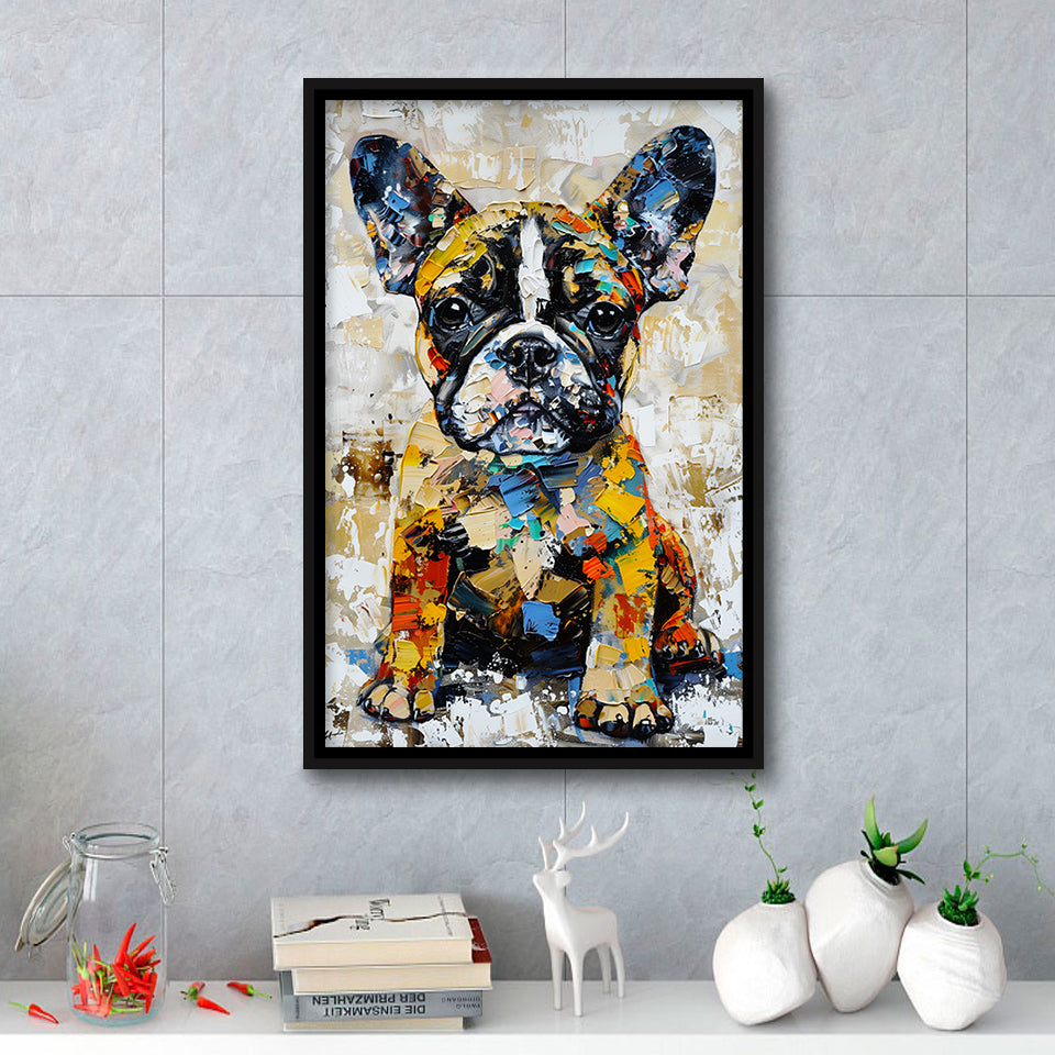 Baby Bulldog Portrait Painting Technique Of Panting V1, Framed Canvas Painting, Framed Canvas Prints Wall Art Decor
