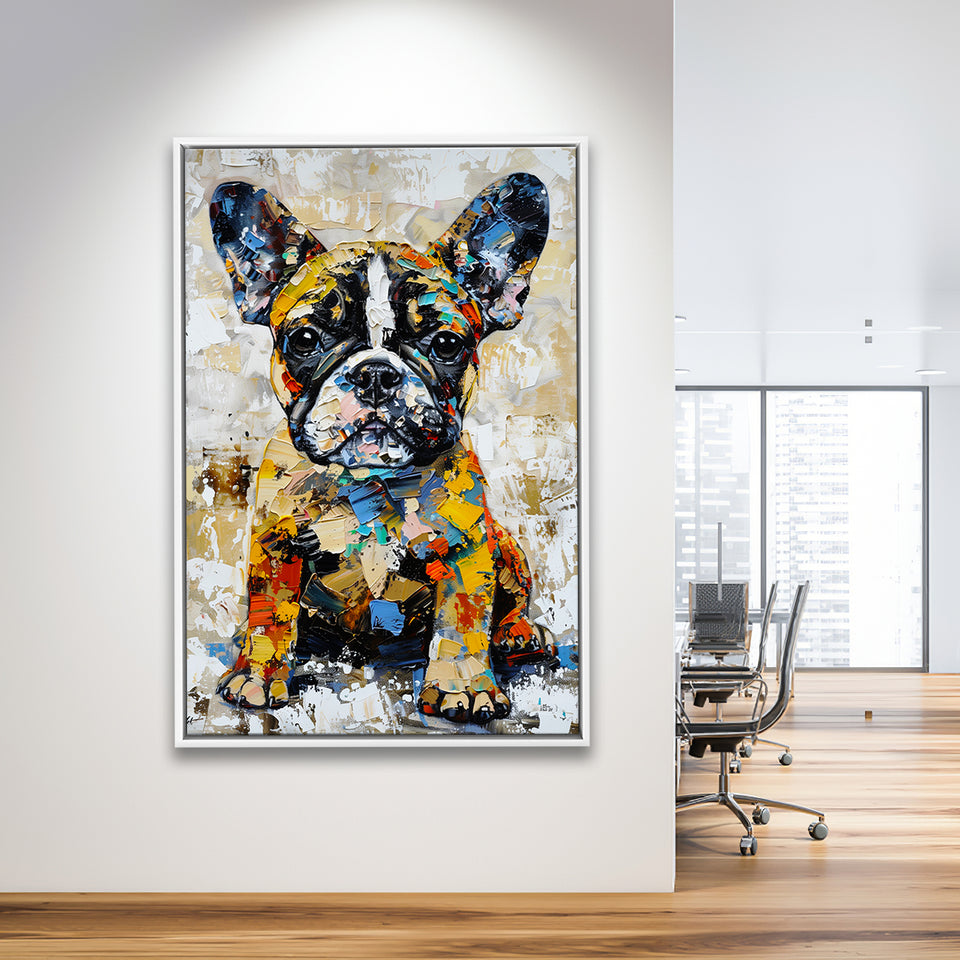 Baby Bulldog Portrait Painting Technique Of Panting V1, Framed Canvas Painting, Framed Canvas Prints Wall Art Decor