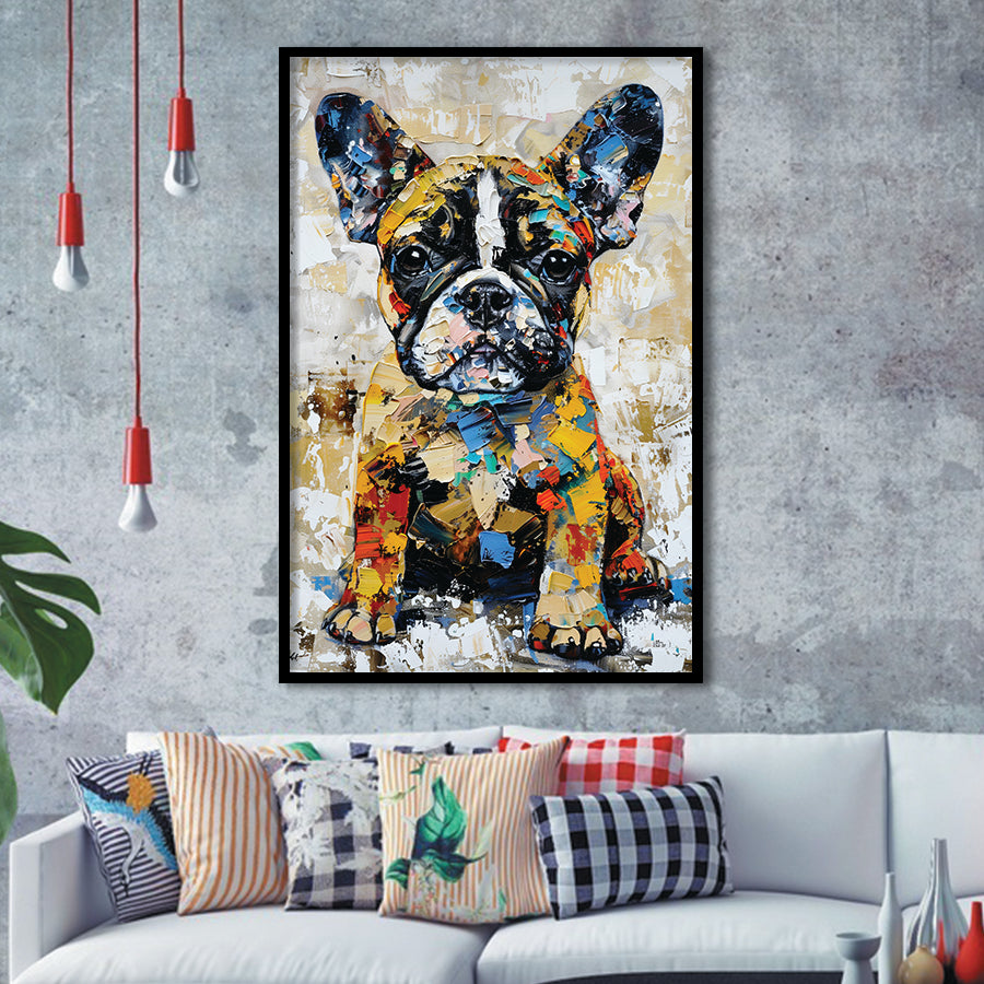 Baby Bulldog Portrait Painting Technique Of Panting V1, Framed Art Print Wall Decor, Framed Picture