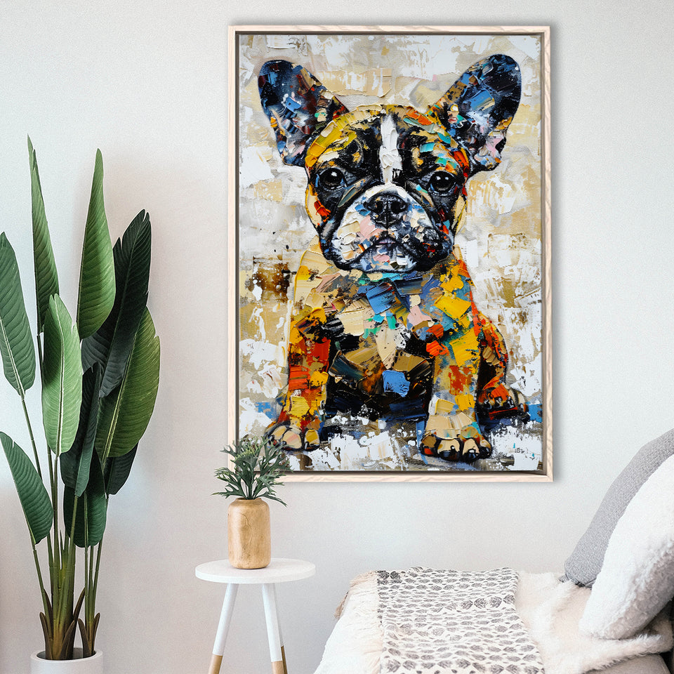 Baby Bulldog Portrait Painting Technique Of Panting V1, Framed Canvas Painting, Framed Canvas Prints Wall Art Decor