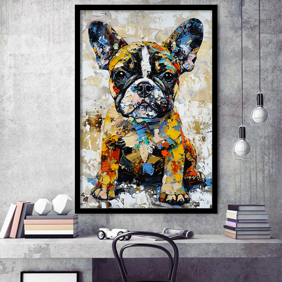 Baby Bulldog Portrait Painting Technique Of Panting V1, Framed Art Print Wall Decor, Framed Picture