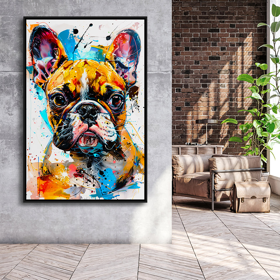 Baby Bulldog Portrait Painting Technique Of Panting V2, Framed Canvas Painting, Framed Canvas Prints Wall Art Decor