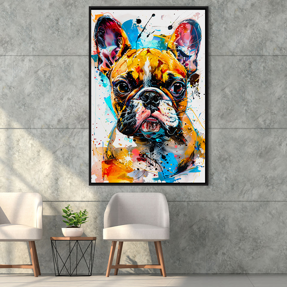 Baby Bulldog Portrait Painting Technique Of Panting V2, Framed Canvas Painting, Framed Canvas Prints Wall Art Decor