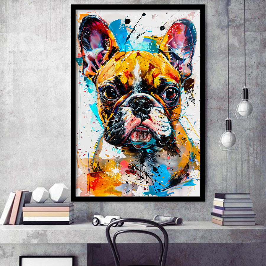 Baby Bulldog Portrait Painting Technique Of Panting V2, Framed Art Print Wall Decor, Framed Picture