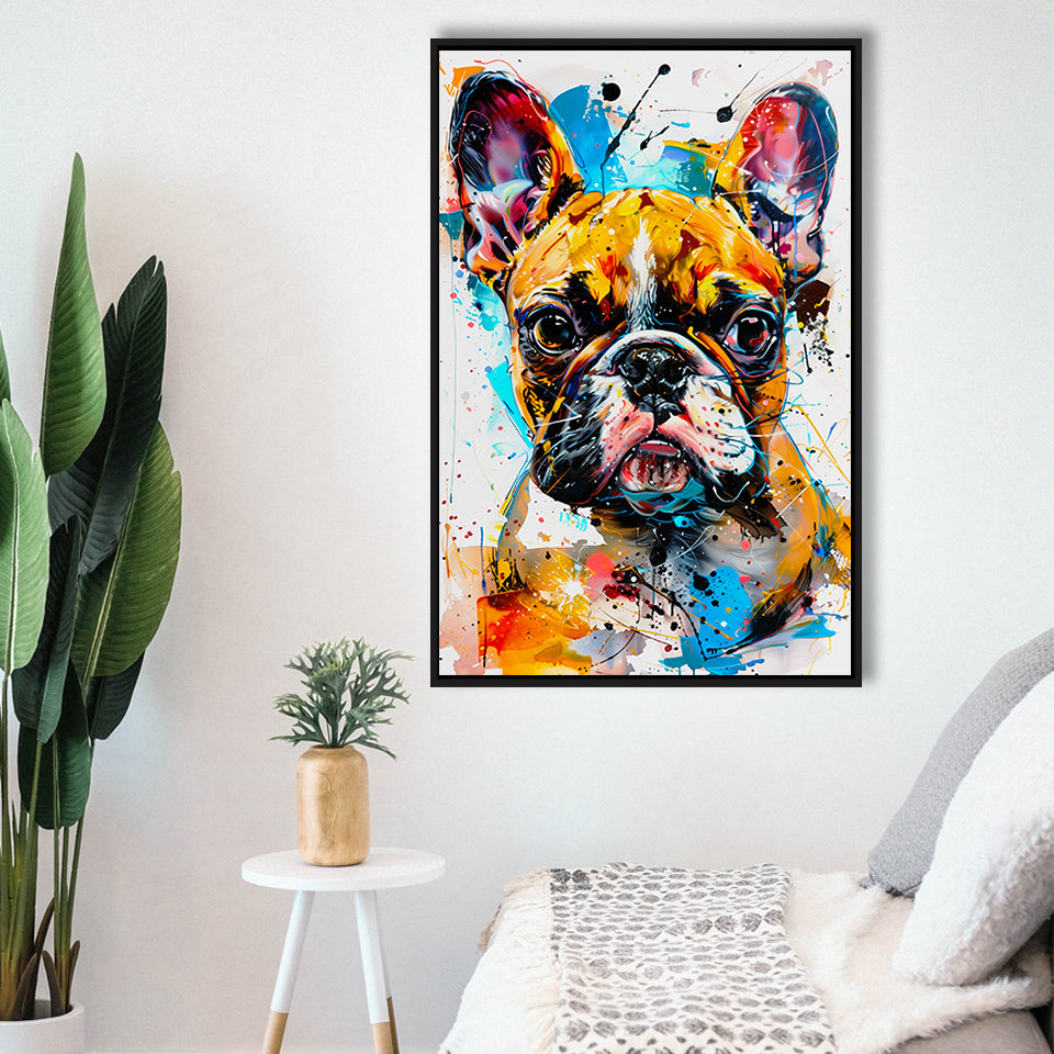 Baby Bulldog Portrait Painting Technique Of Panting V2, Framed Canvas Painting, Framed Canvas Prints Wall Art Decor