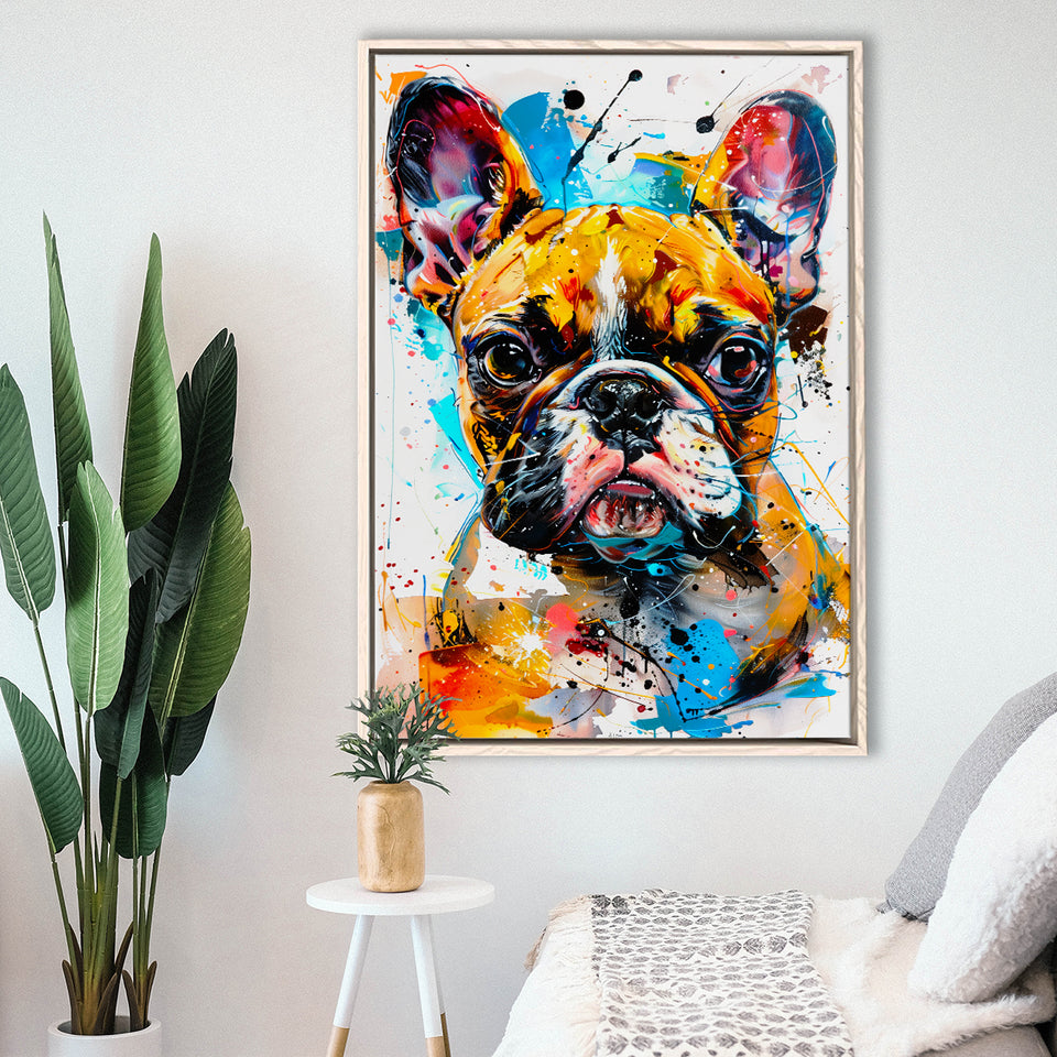 Baby Bulldog Portrait Painting Technique Of Panting V2, Framed Canvas Painting, Framed Canvas Prints Wall Art Decor