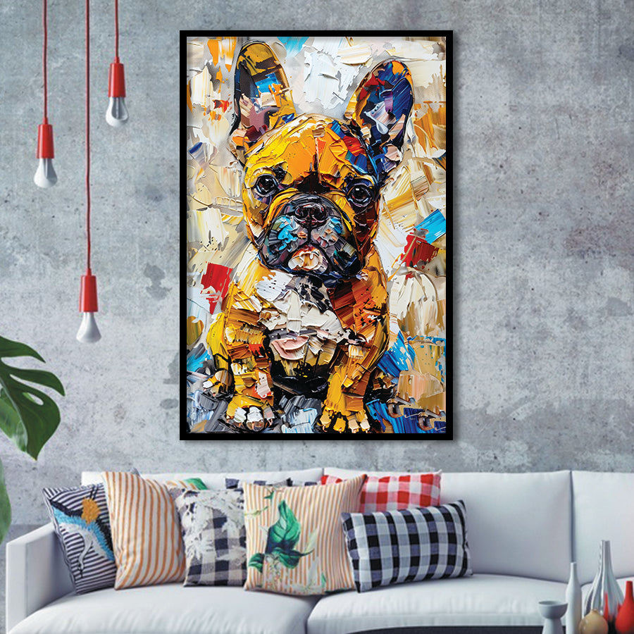 Baby Bulldog Portrait Painting Technique Of Panting V3, Framed Art Print Wall Decor, Framed Picture