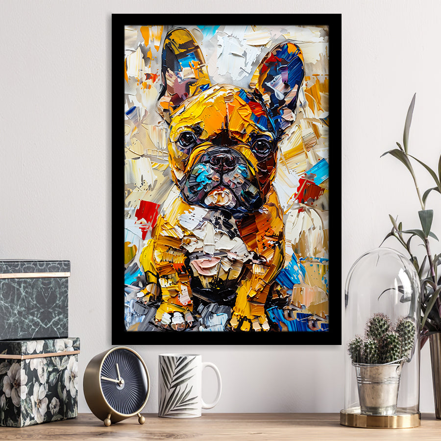 Baby Bulldog Portrait Painting Technique Of Panting V3, Framed Art Print Wall Decor, Framed Picture
