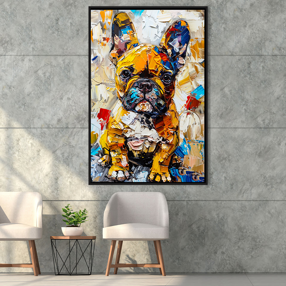 Baby Bulldog Portrait Painting Technique Of Panting V3, Framed Canvas Painting, Framed Canvas Prints Wall Art Decor