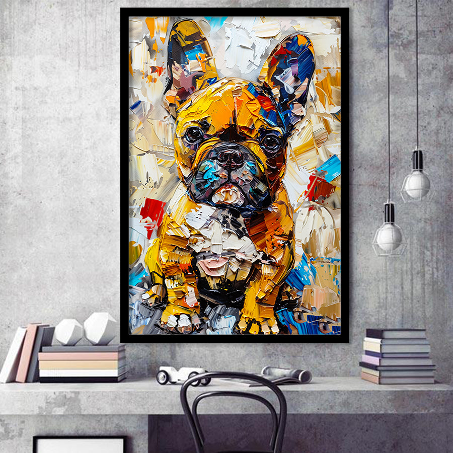 Baby Bulldog Portrait Painting Technique Of Panting V3, Framed Art Print Wall Decor, Framed Picture
