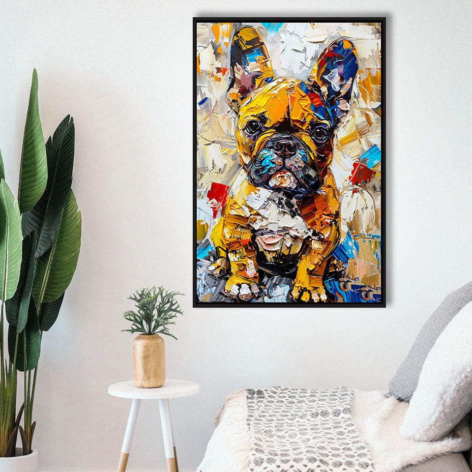 Baby Bulldog Portrait Painting Technique Of Panting V3, Framed Canvas Painting, Framed Canvas Prints Wall Art Decor