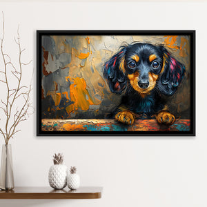 Baby Dachshund Dog Portrait Painting, Floating Frame, Framed Canvas Print Wall Art Home Decor