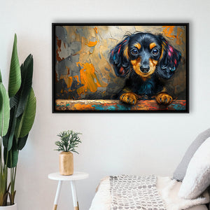 Baby Dachshund Dog Portrait Painting, Floating Frame, Framed Canvas Print Wall Art Home Decor