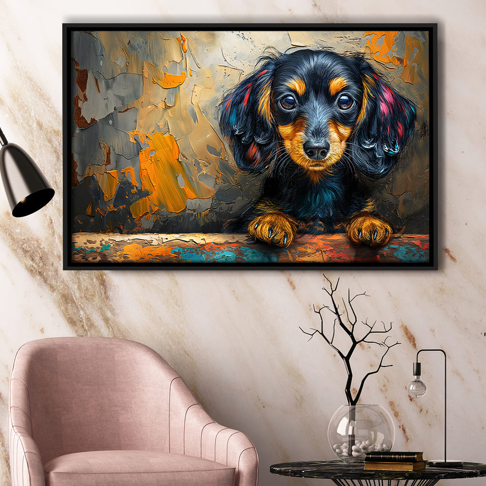 Baby Dachshund Dog Portrait Painting, Floating Frame, Framed Canvas Print Wall Art Home Decor