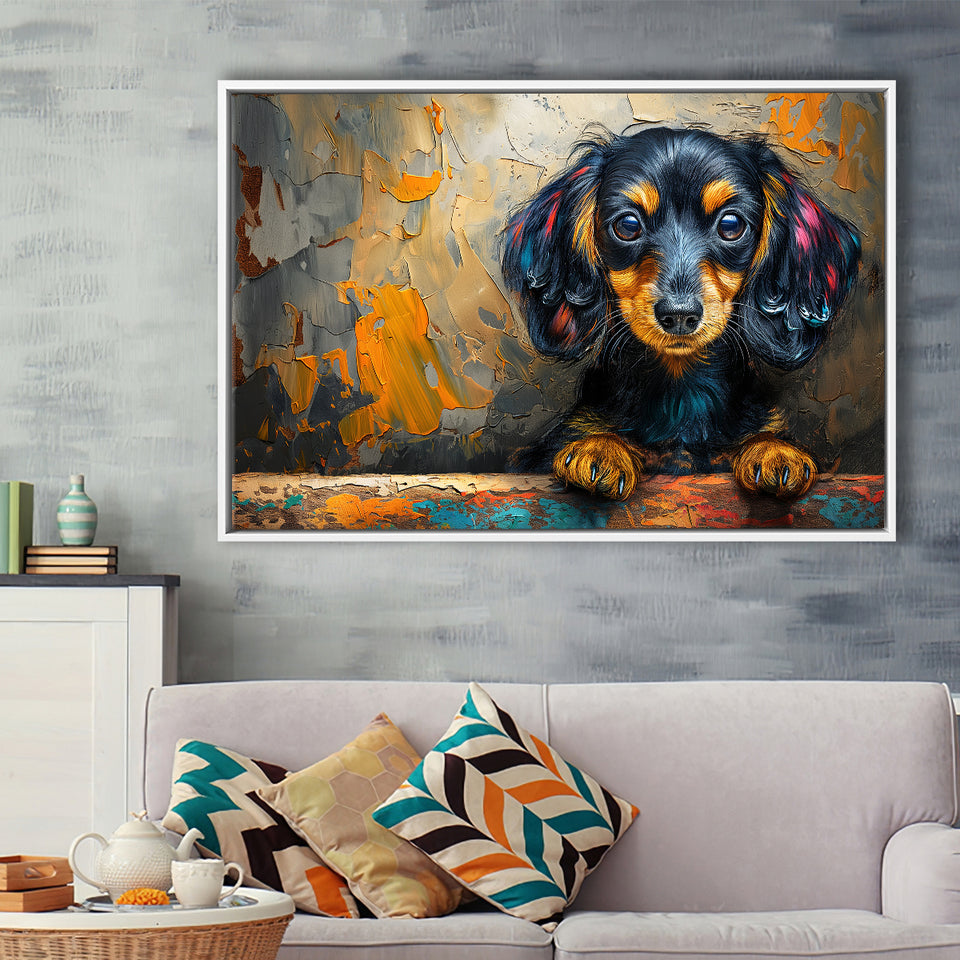 Baby Dachshund Dog Portrait Painting, Floating Frame, Framed Canvas Print Wall Art Home Decor