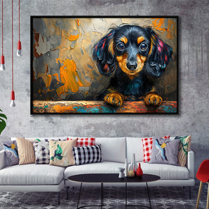 Baby Dachshund Dog Portrait Painting, Floating Frame, Framed Canvas Print Wall Art Home Decor