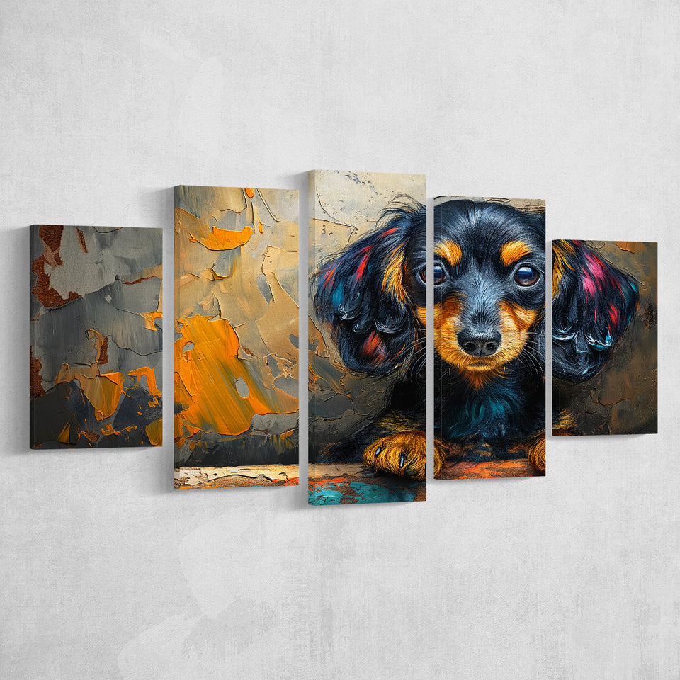 Baby Dachshund Dog Portrait Painting, Multi Panel,Mixed Canvas Print Wall Art Decor