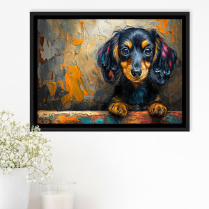 Baby Dachshund Dog Portrait Painting, Floating Frame, Framed Canvas Print Wall Art Home Decor