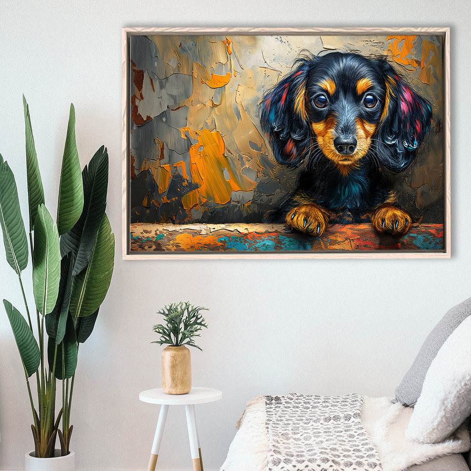 Baby Dachshund Dog Portrait Painting, Floating Frame, Framed Canvas Print Wall Art Home Decor