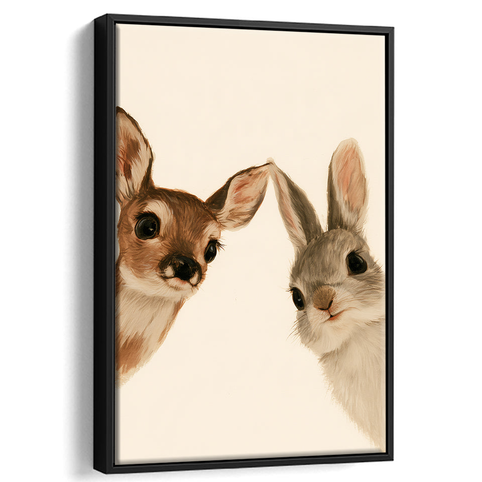Baby Deer And Rabbit Funny Art, Portrait Painting Art, Pet Lover Art, Framed Canvas Print, Floating Frame