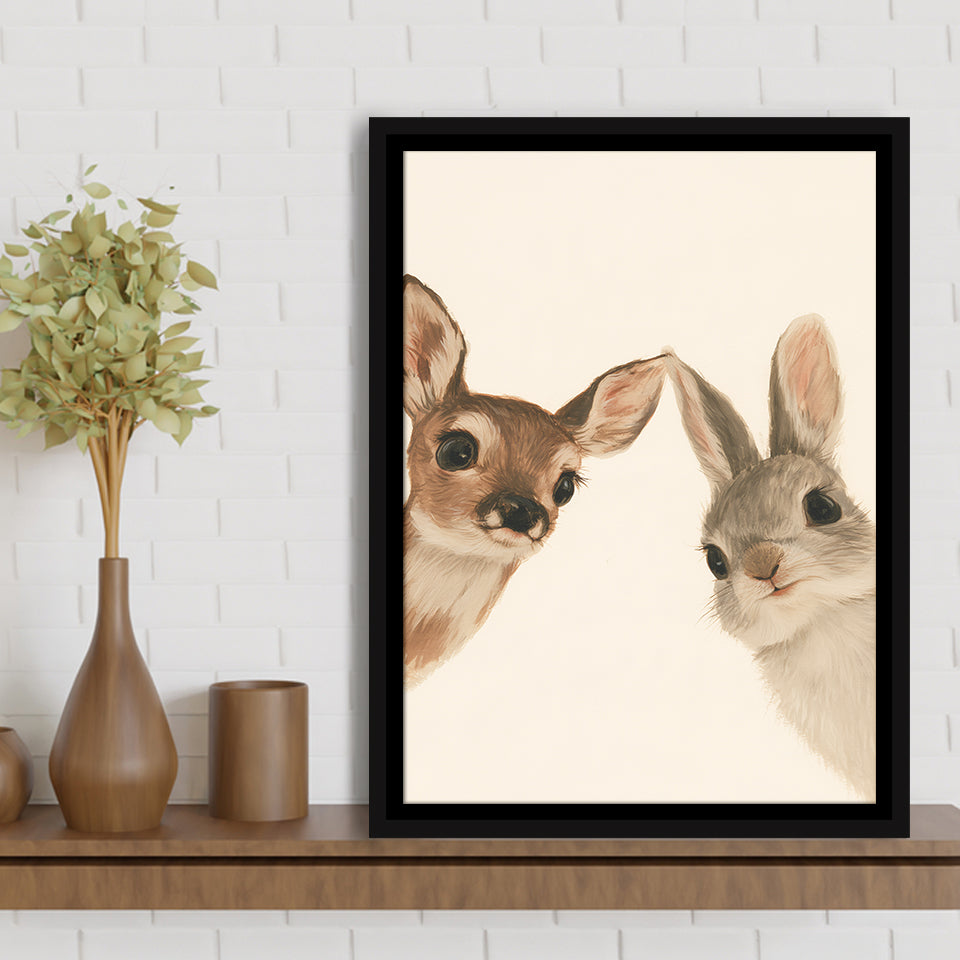 Baby Deer And Rabbit Funny Art, Portrait Painting Art, Pet Lover Art, Framed Canvas Print, Floating Frame