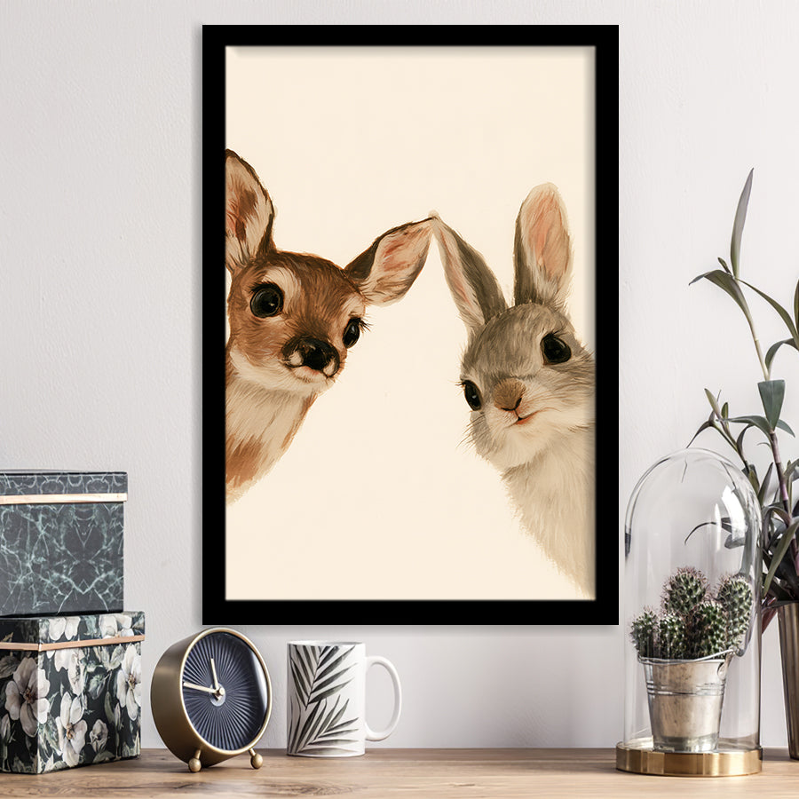 Baby Deer And Rabbit Funny Art, Portrait Painting Art, Pet Lover Art, Framed Art Print, Fine Art Wall Decor