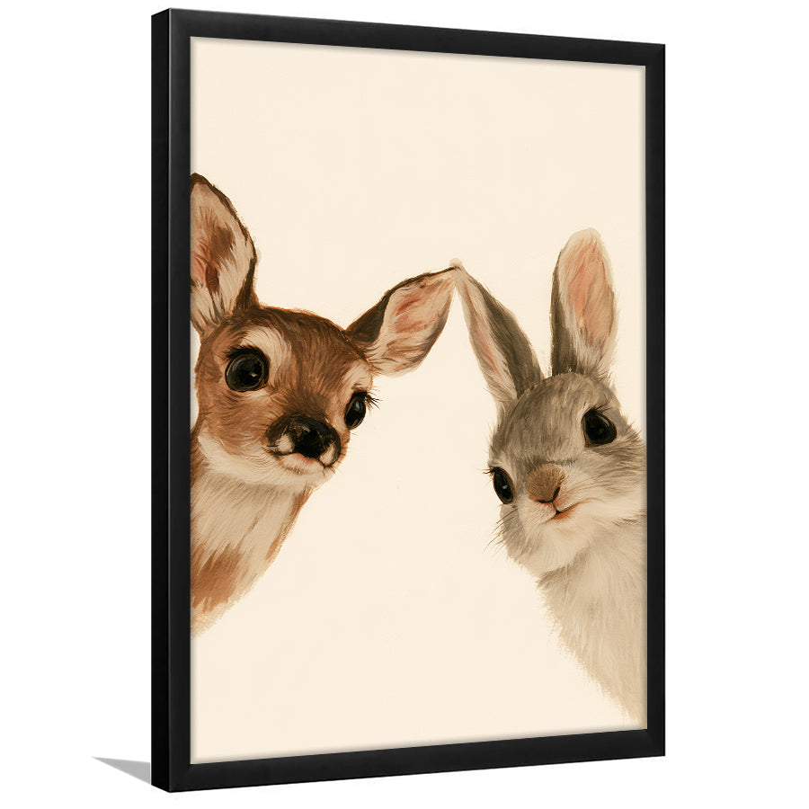 Baby Deer And Rabbit Funny Art, Portrait Painting Art, Pet Lover Art, Framed Art Print, Fine Art Wall Decor